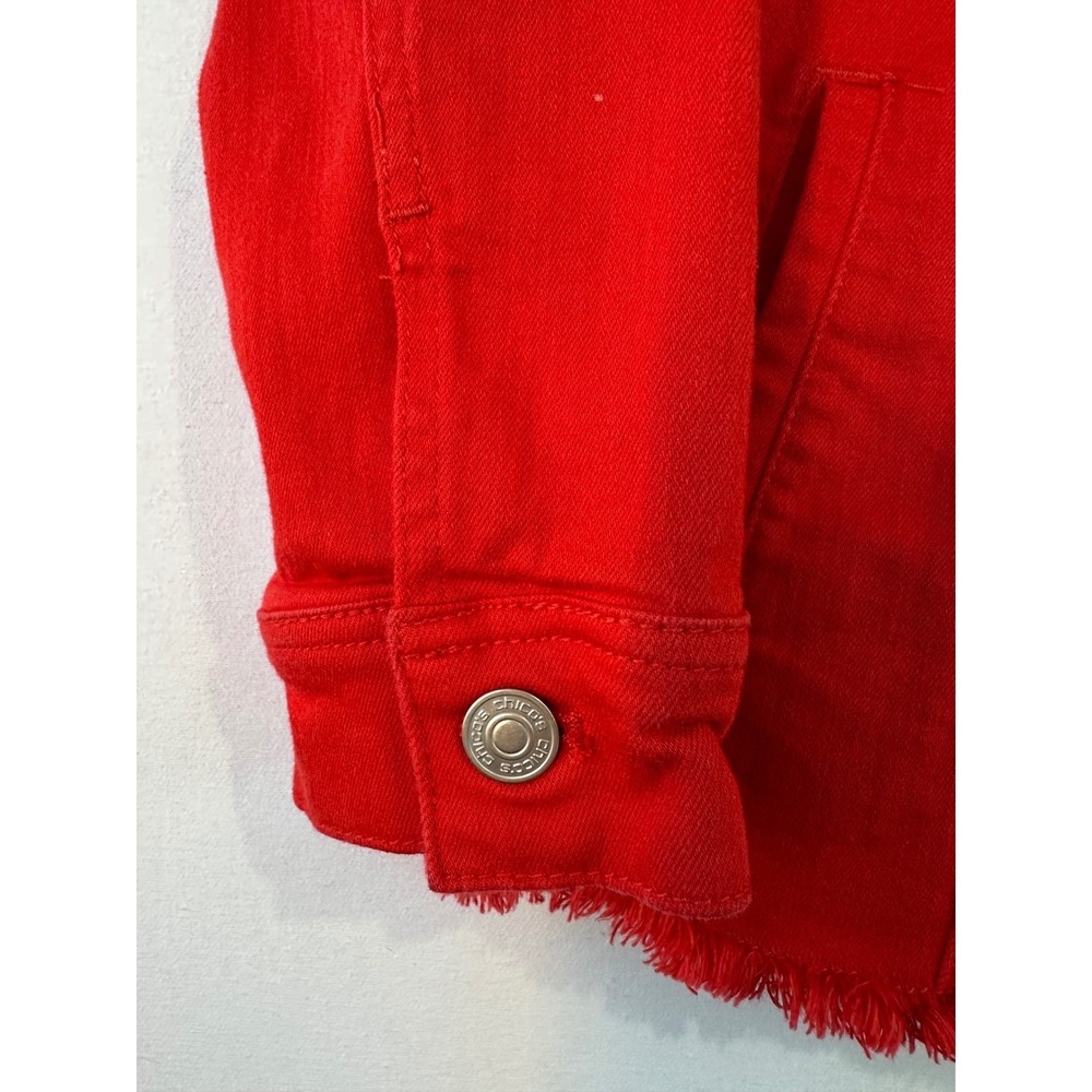 Chico's Denim Jacket Frayed Hem Button Front Women's M Red Excellent - Picture 3 of 7